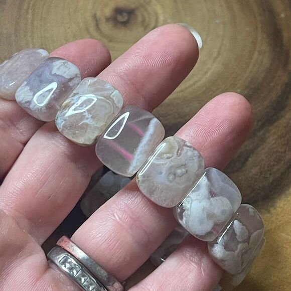 Pink flower agate soft bangle bracelet beaded beads new handmade .75” High beads - Picture 3 of 8